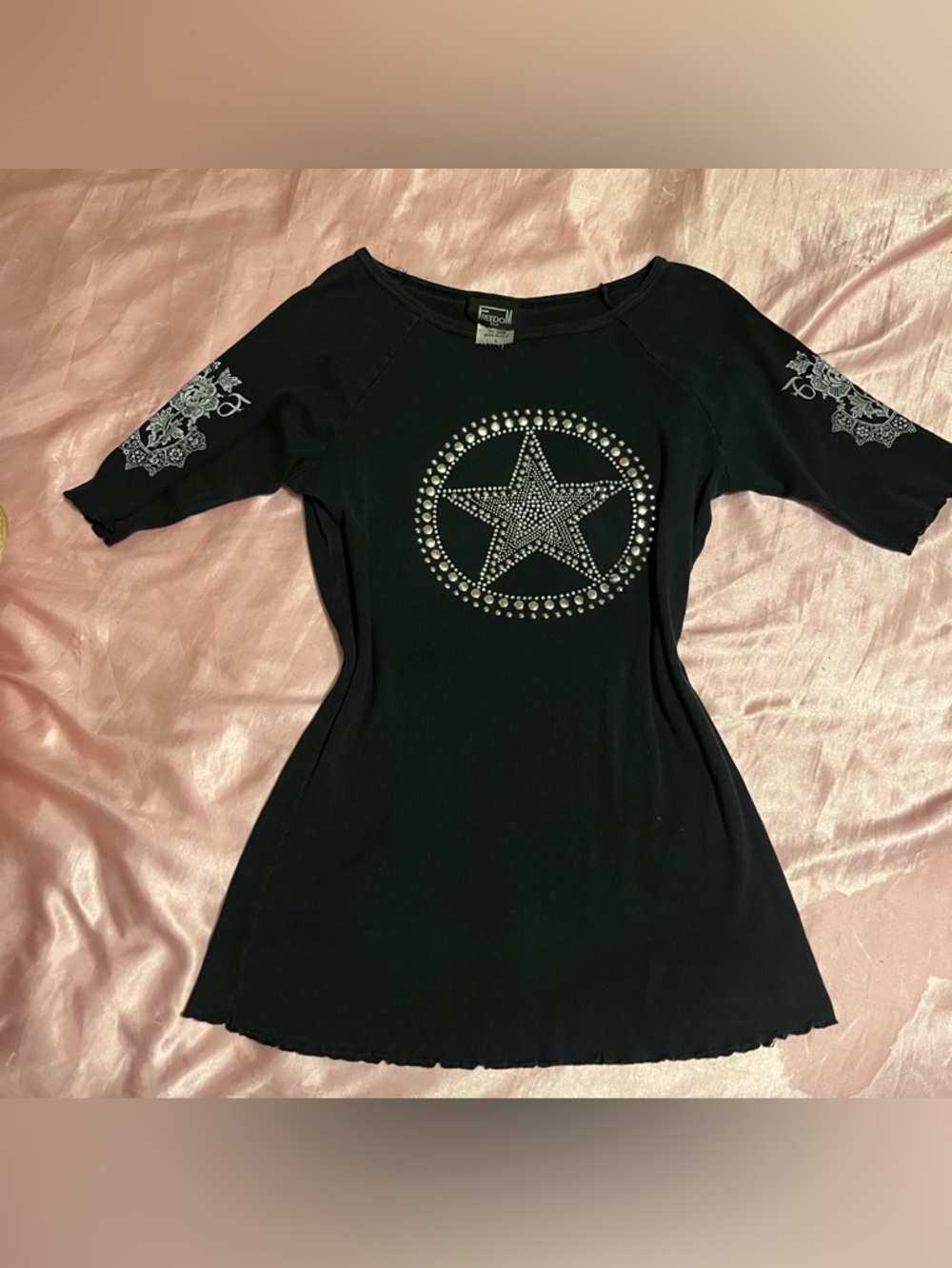 Freedom USA Womens L Black Ribbed Rhinestone Star Top Y2K Graphic Tee Made USA